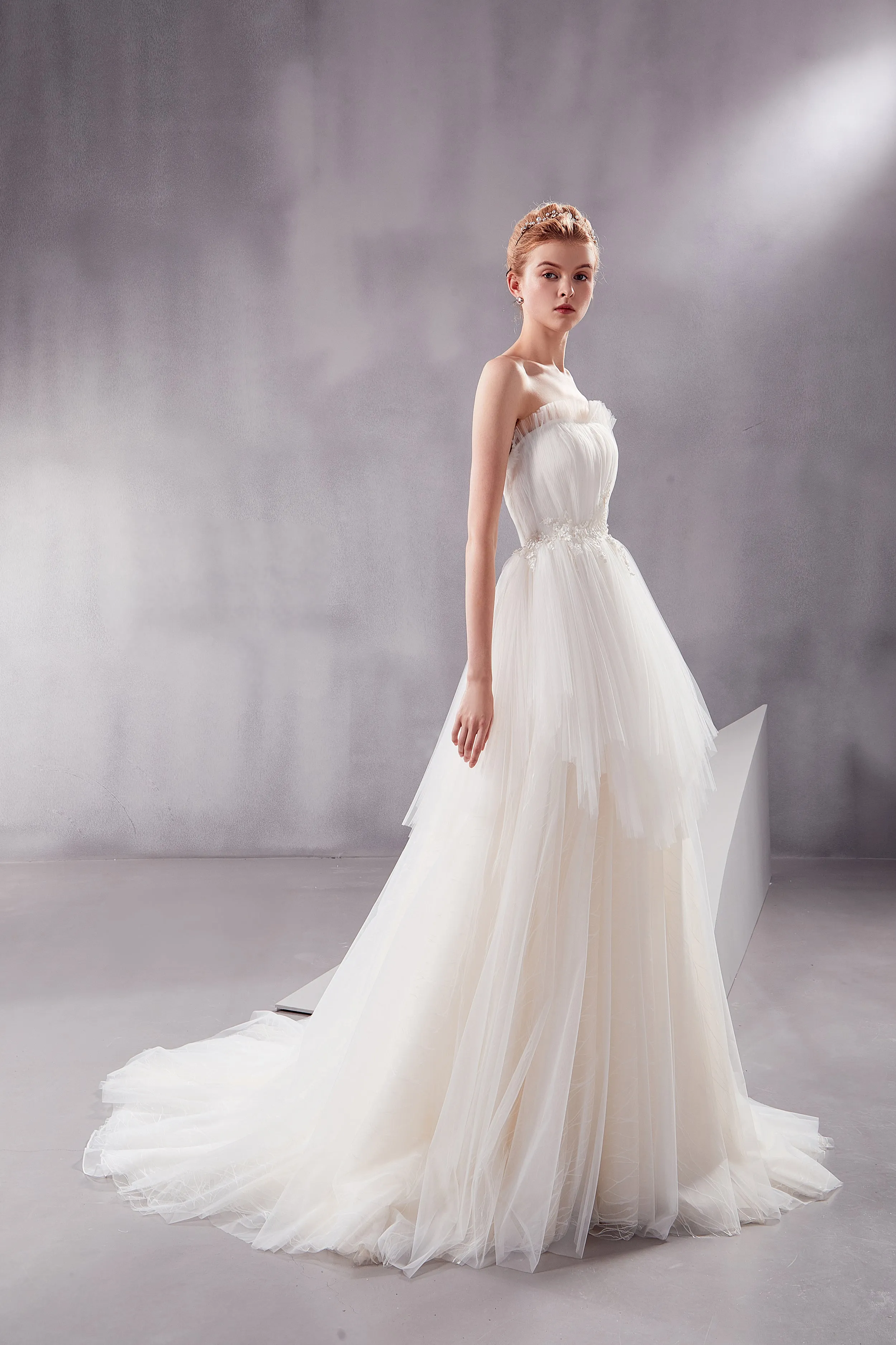 Afina - Selena Huan Strapless Ruffle Ball Gown Wedding Dress with Water-Wave Lace and Vertical Wrinkle