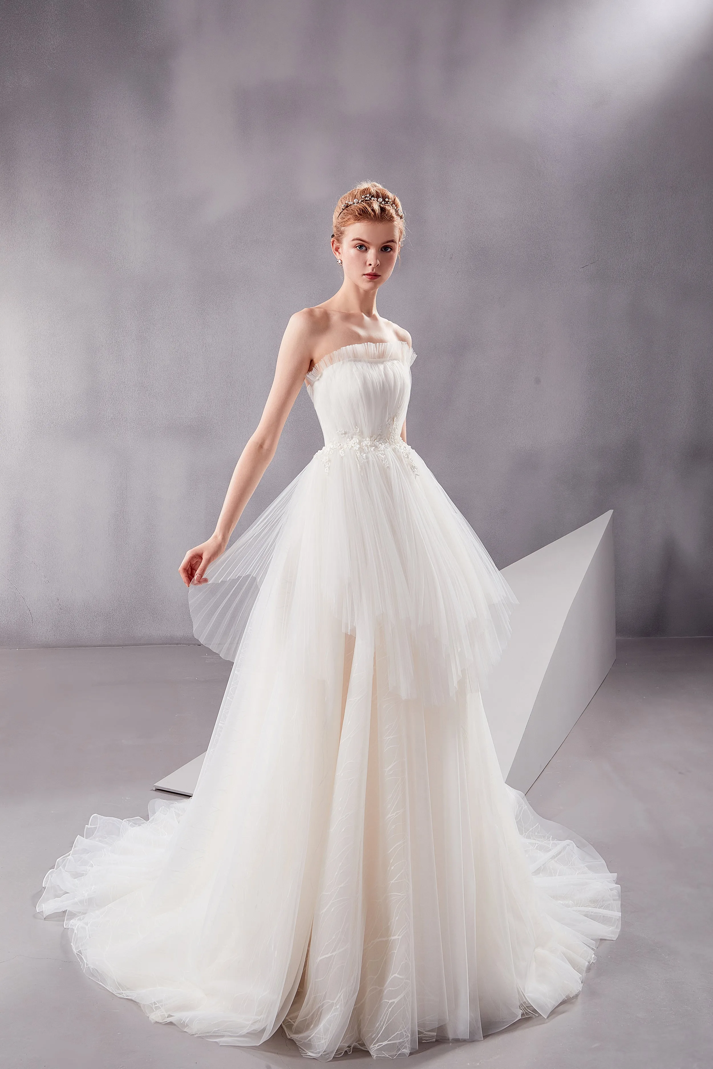 Afina - Selena Huan Strapless Ruffle Ball Gown Wedding Dress with Water-Wave Lace and Vertical Wrinkle