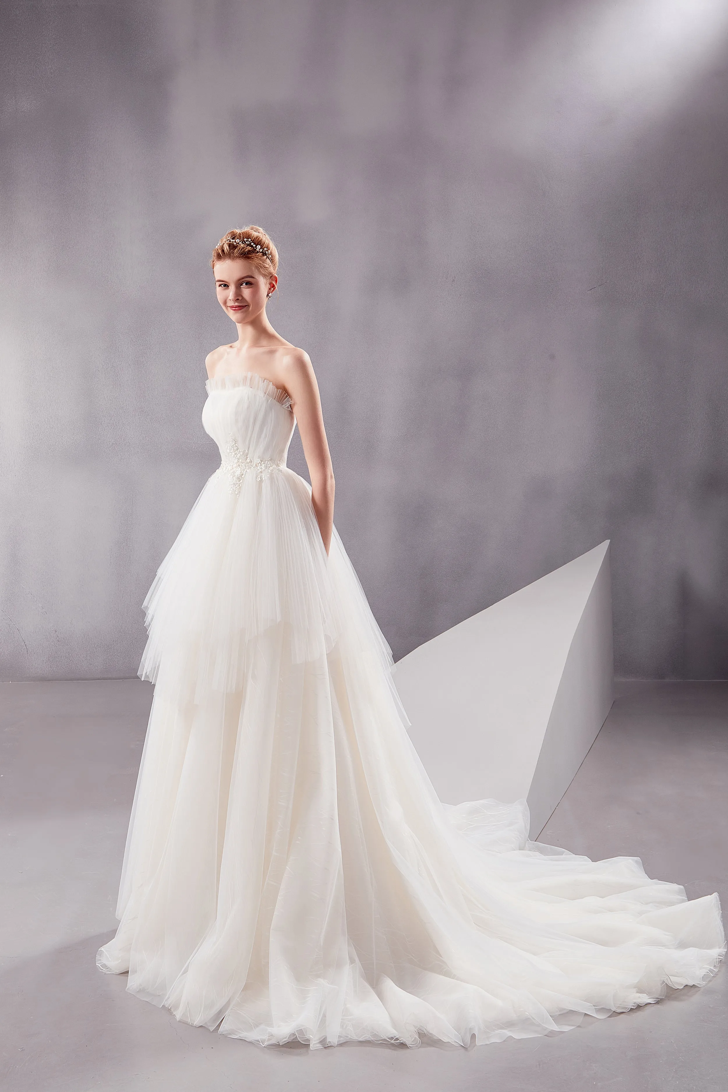 Afina - Selena Huan Strapless Ruffle Ball Gown Wedding Dress with Water-Wave Lace and Vertical Wrinkle