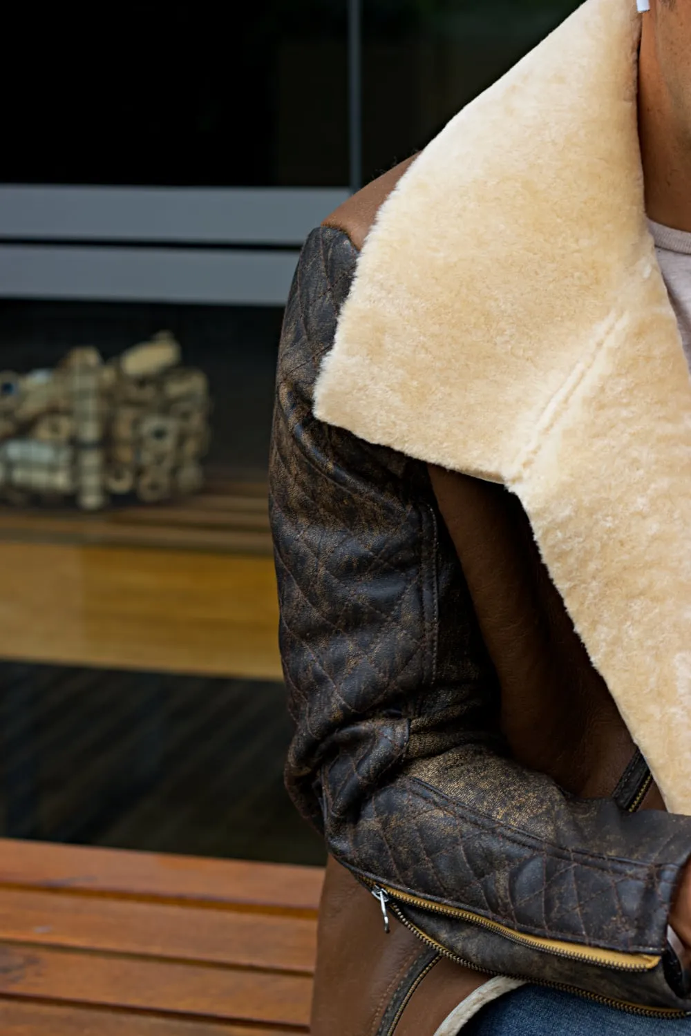 ASPEN Natural Shearling Winter Jacket in Brown Sheepskin & Antique Brown Leather