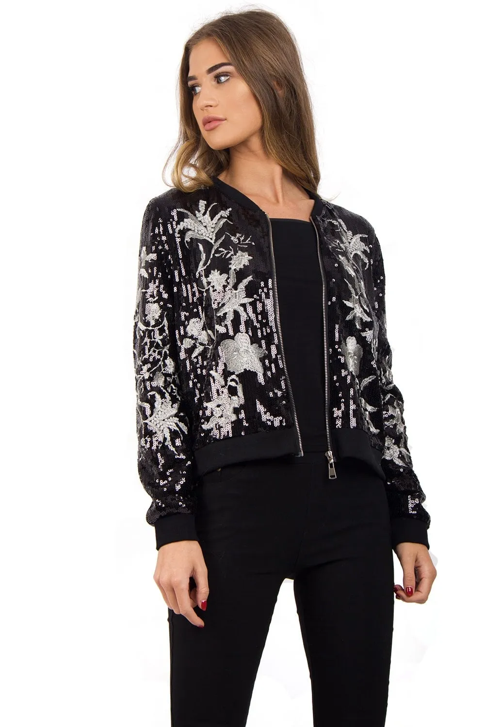 Black Floral Sequin Zip Jacket