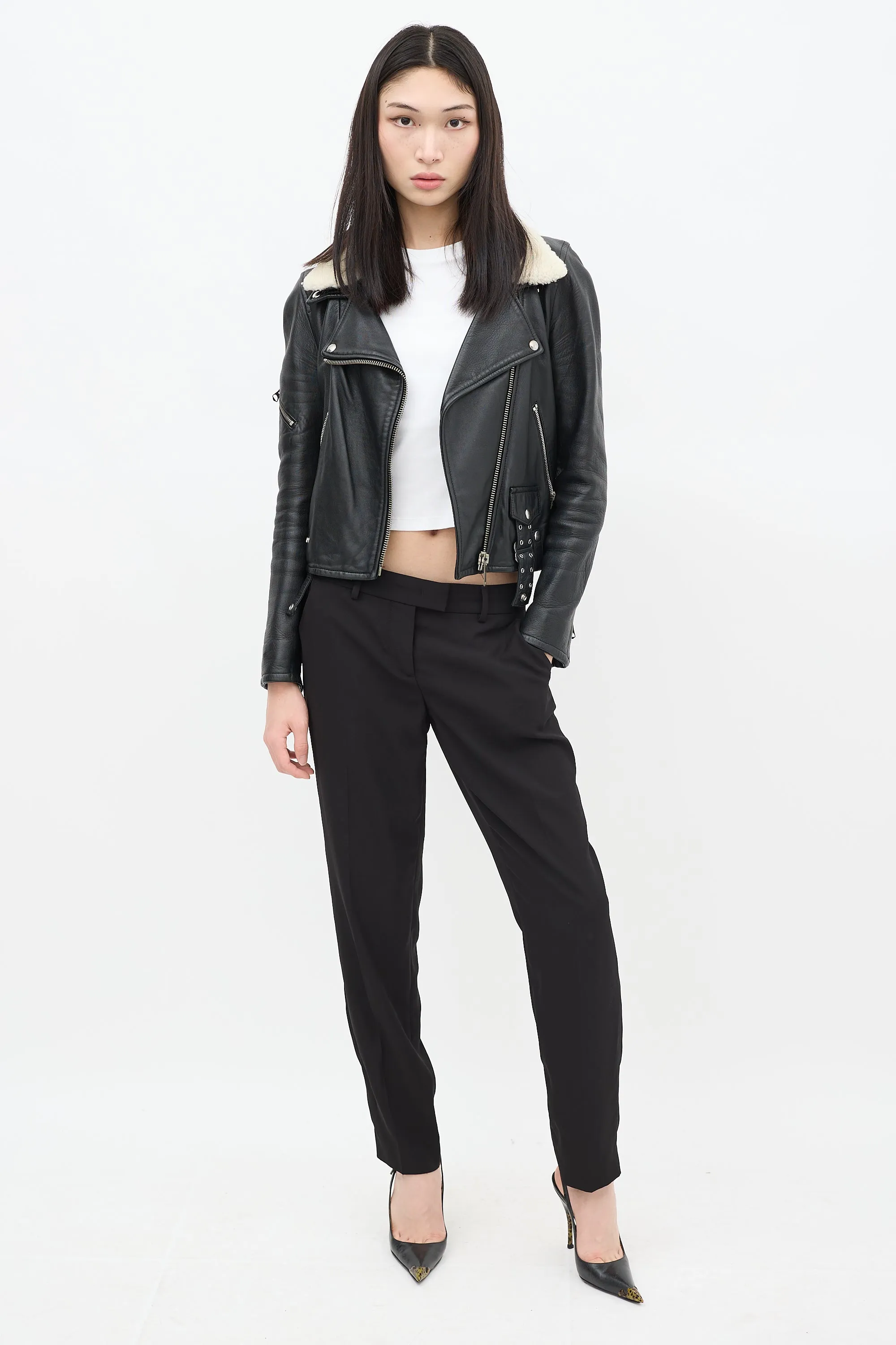 Black Leather Shearling Moto Jacket