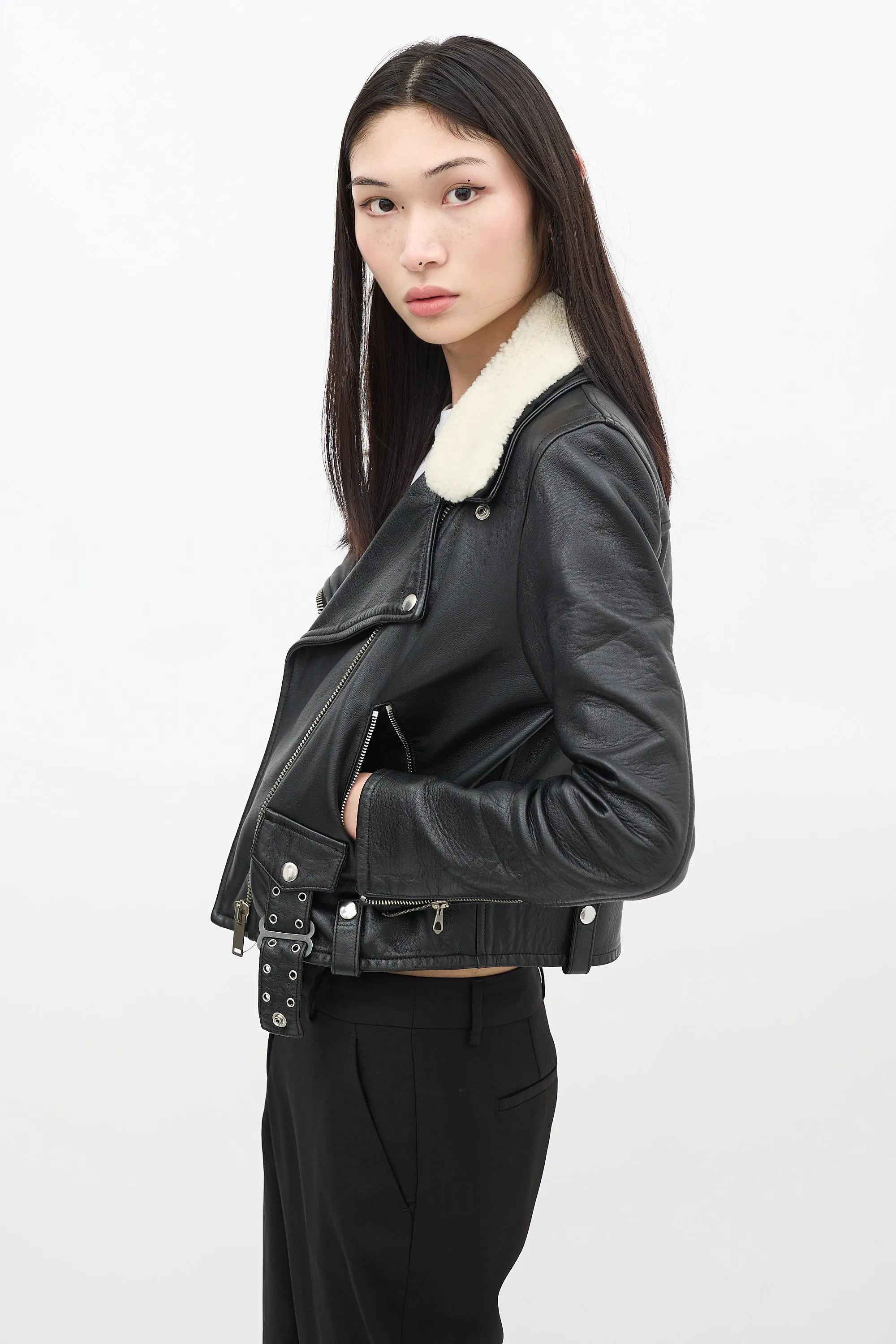 Black Leather Shearling Moto Jacket