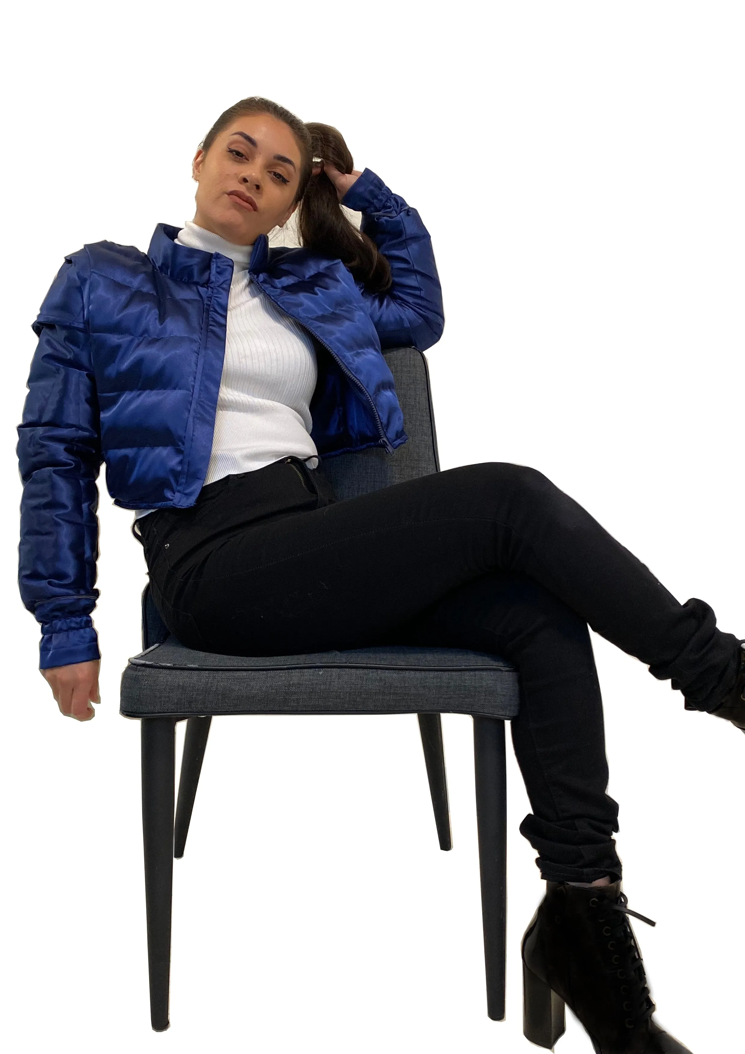 Blue steel cropped puffer jacket