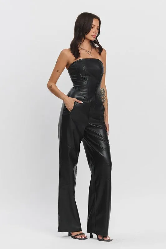 Bobbi Sleeveless Vegan Leather Wide Leg Jumpsuit Black