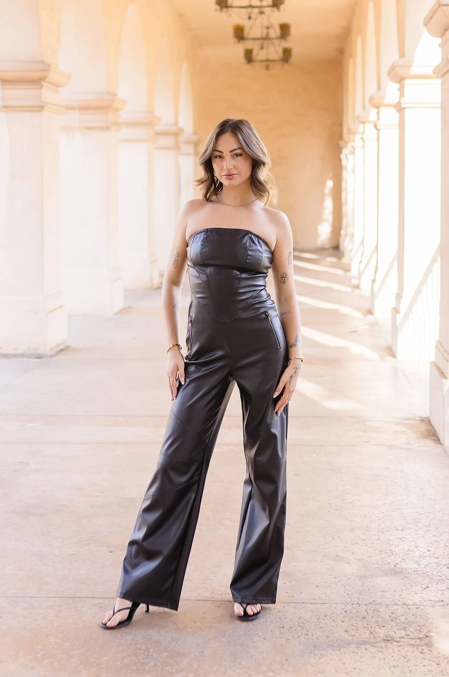 Bobbi Sleeveless Vegan Leather Wide Leg Jumpsuit Black