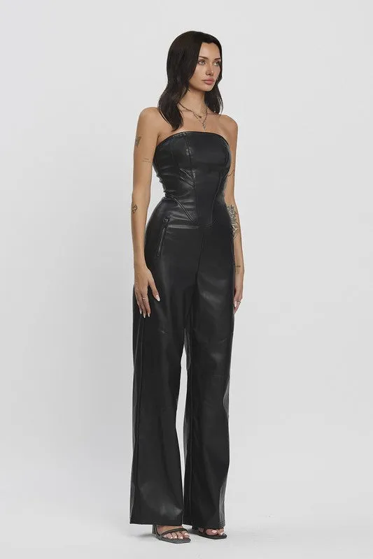 Bobbi Sleeveless Vegan Leather Wide Leg Jumpsuit Black