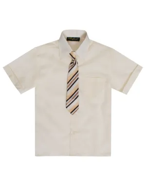 Boys Solid Short Sleeve Dress Shirt With Tie - Ivory