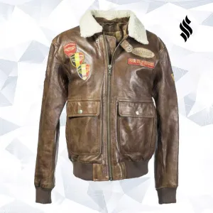 BROWN LEATHER AVIATOR JACKET WITH BADGES