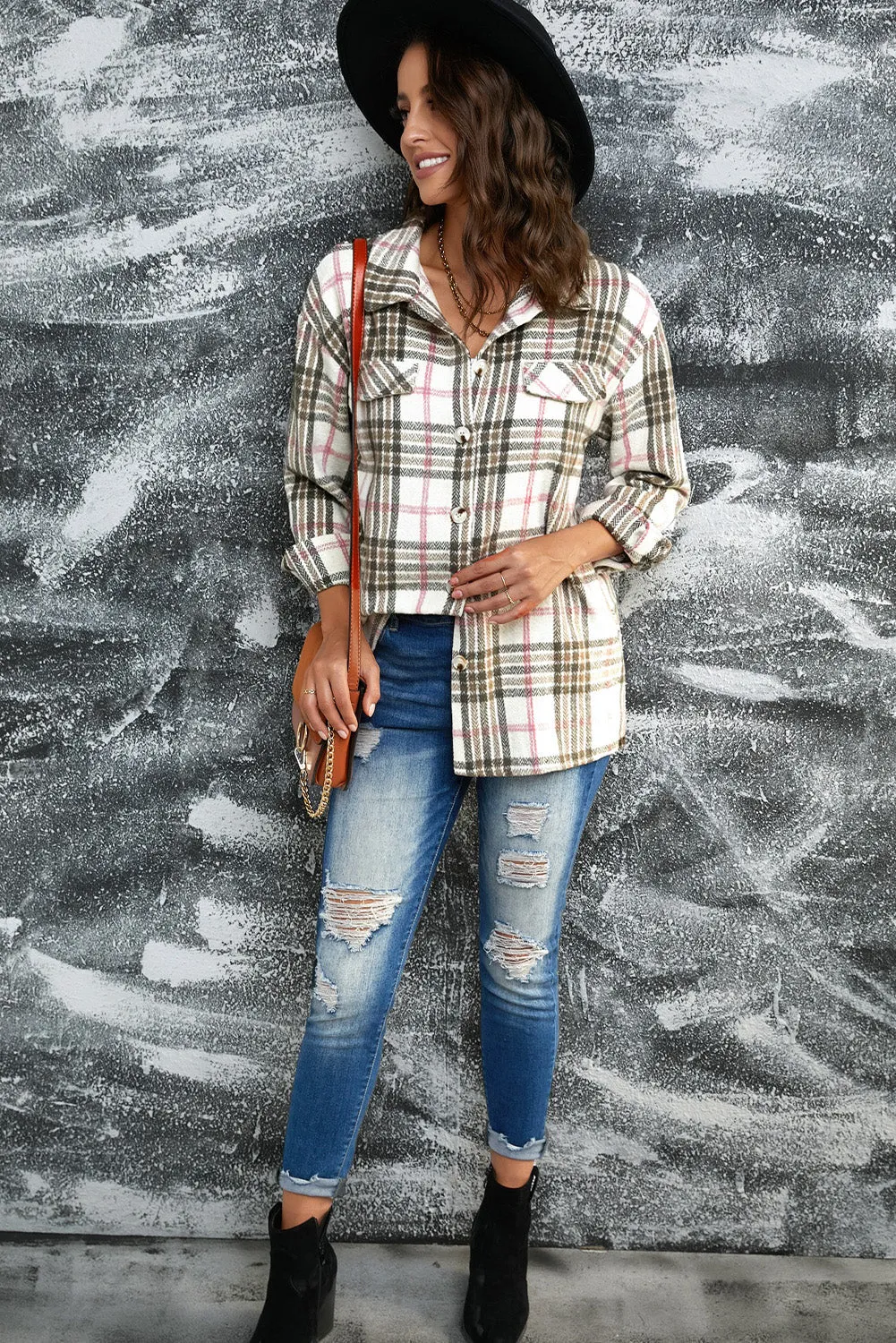 Buttoned Turn Down Collar Plaid Shacket