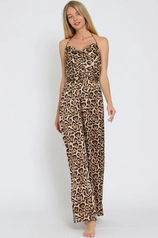 Celeste Sleeveless Cowl Neck Leopard Print Jumpsuit Brown