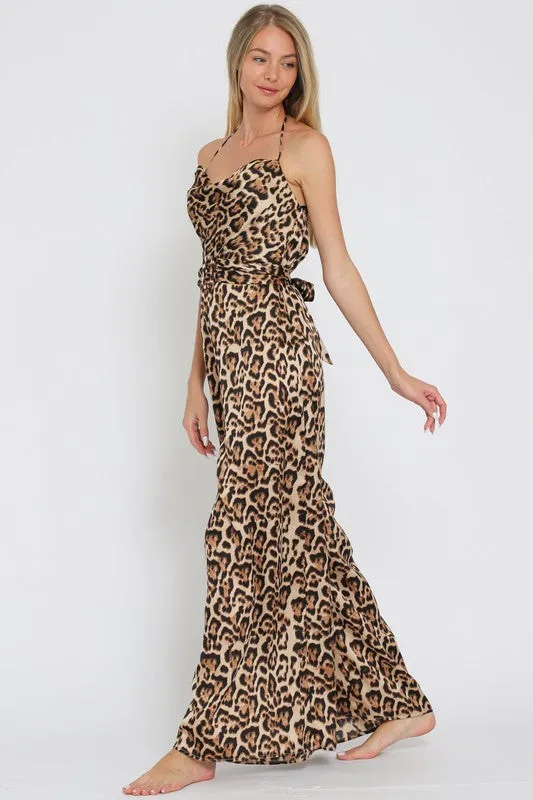 Celeste Sleeveless Cowl Neck Leopard Print Jumpsuit Brown