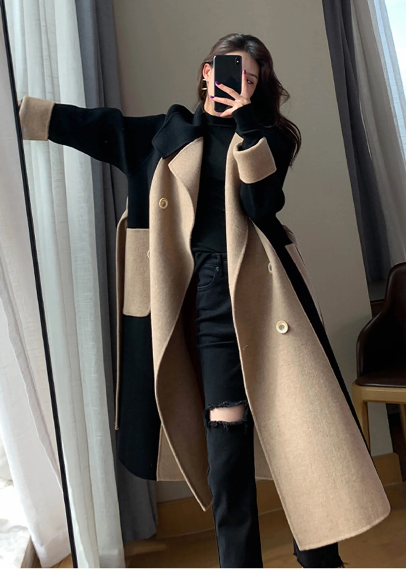 Color Block Double Face Long Wool Coat