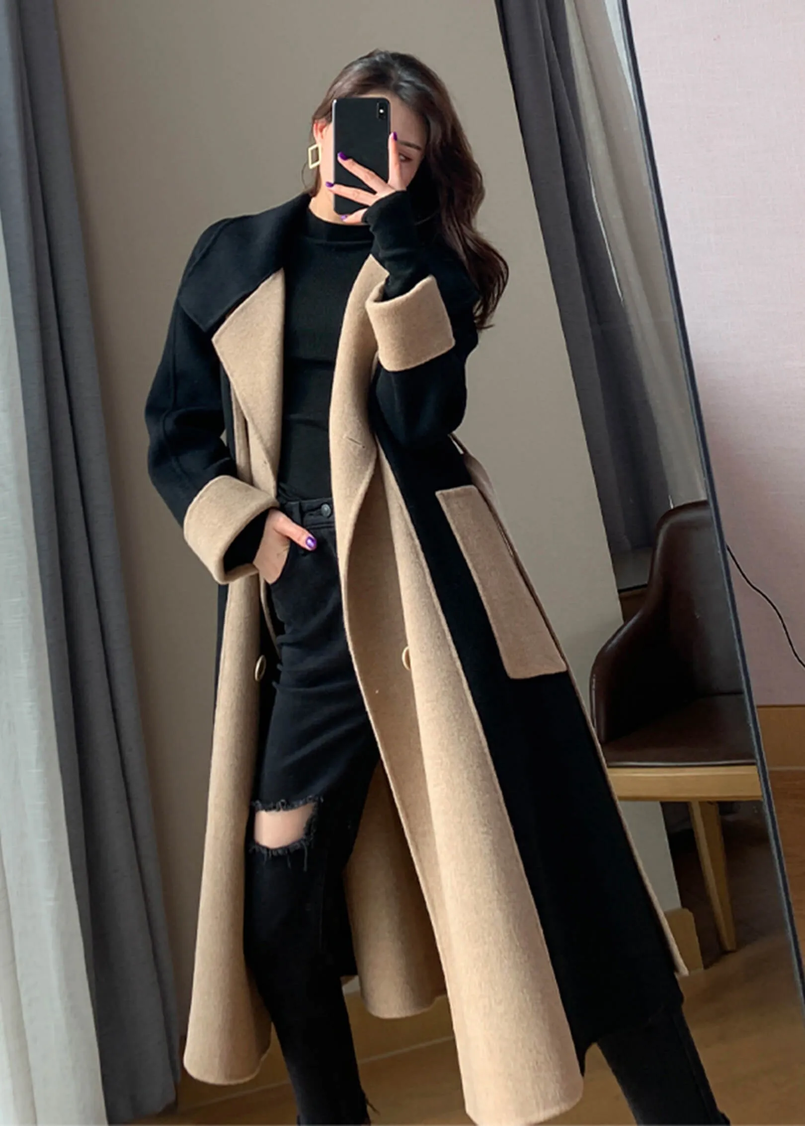 Color Block Double Face Long Wool Coat