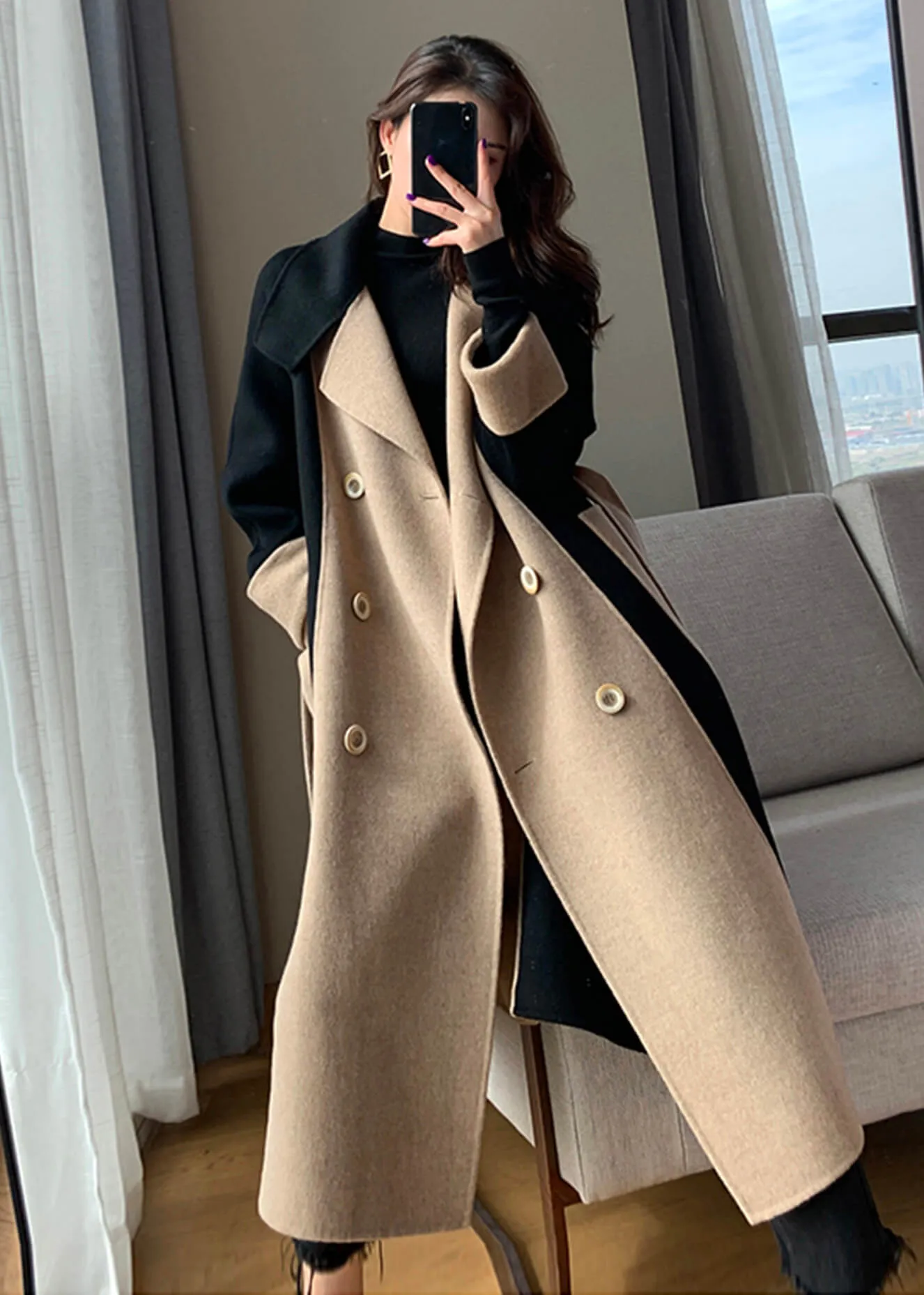 Color Block Double Face Long Wool Coat