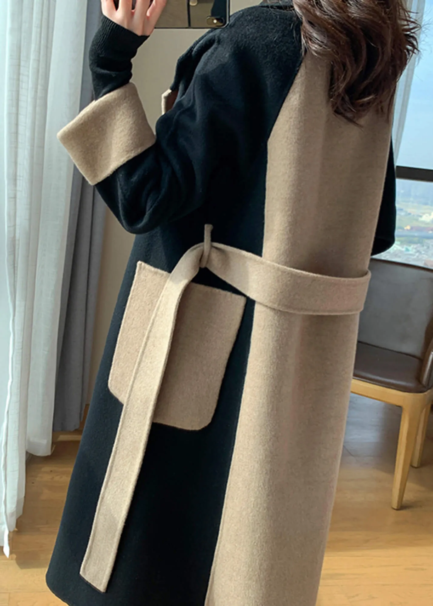 Color Block Double Face Long Wool Coat