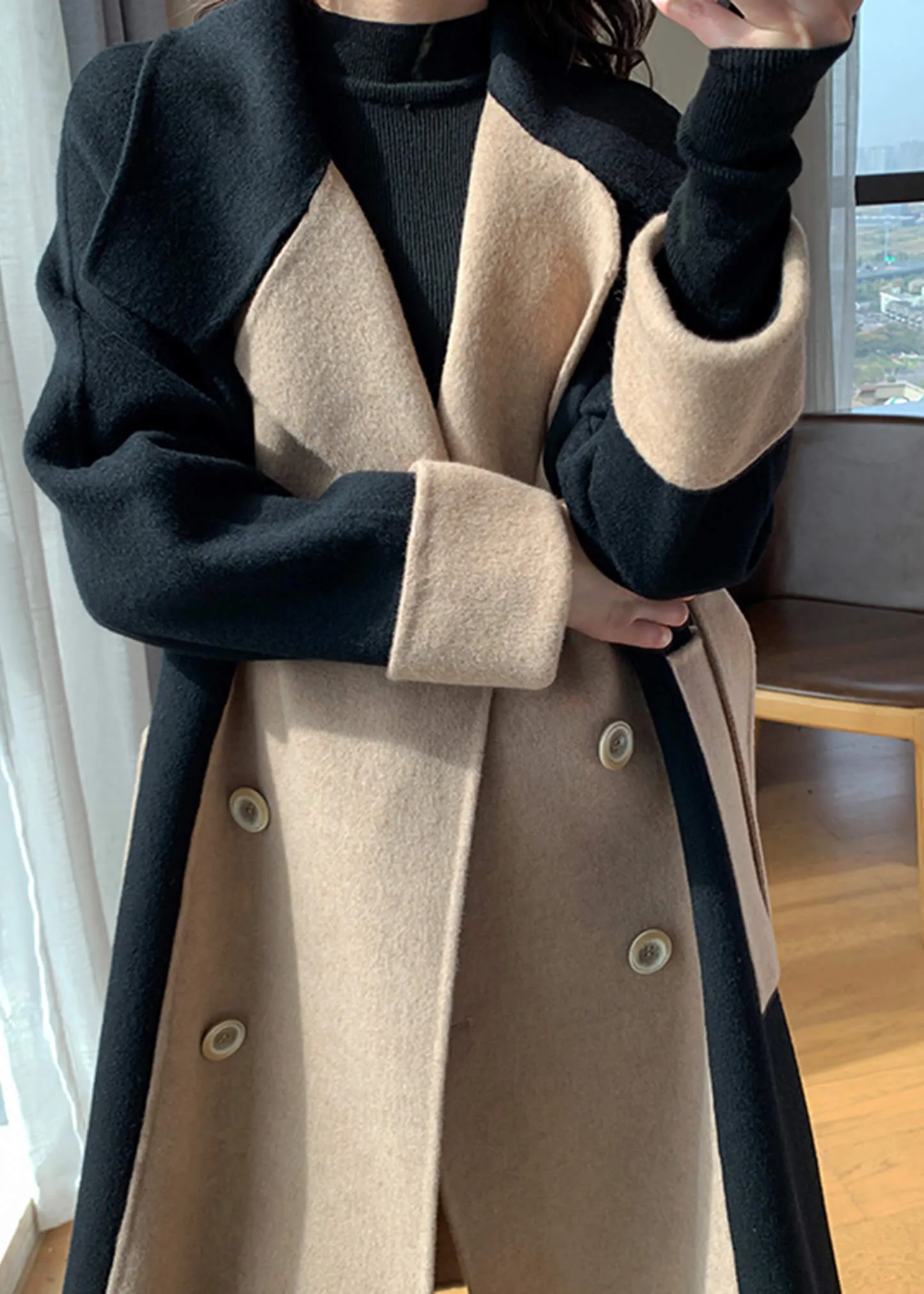 Color Block Double Face Long Wool Coat