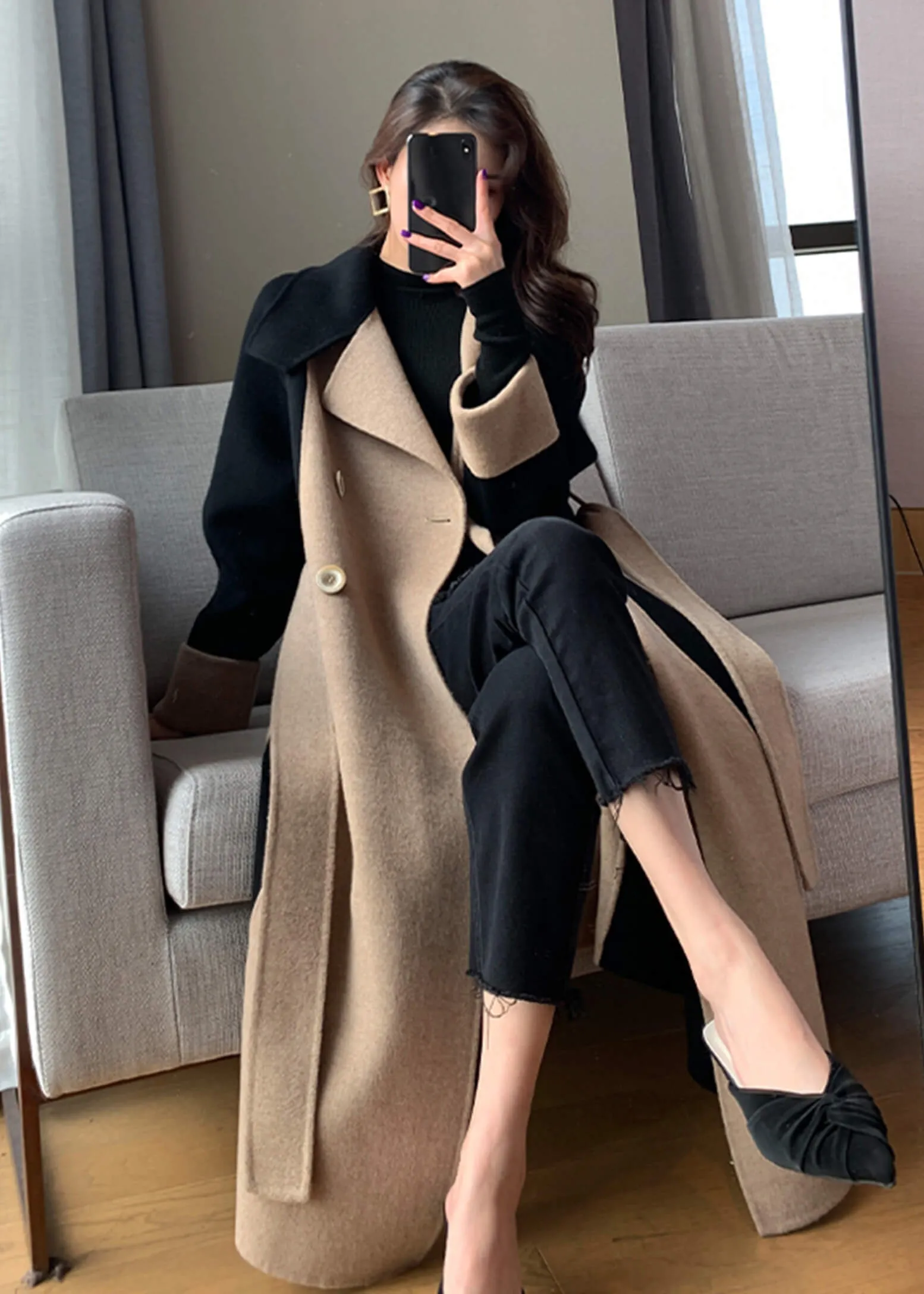 Color Block Double Face Long Wool Coat