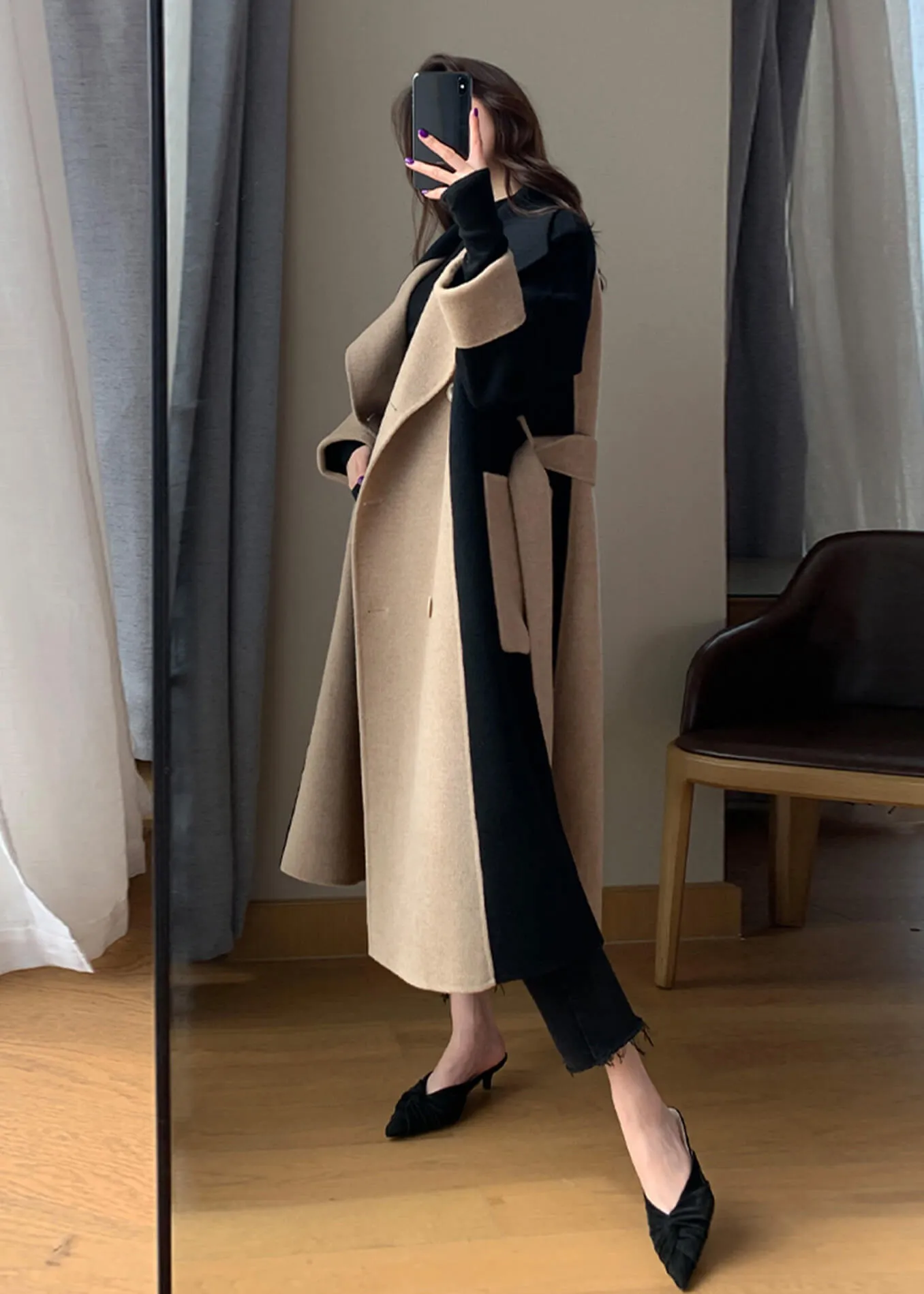 Color Block Double Face Long Wool Coat