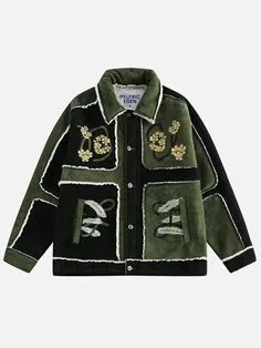 Colorblock Embroidery Suede Shearling Bomber Jacket