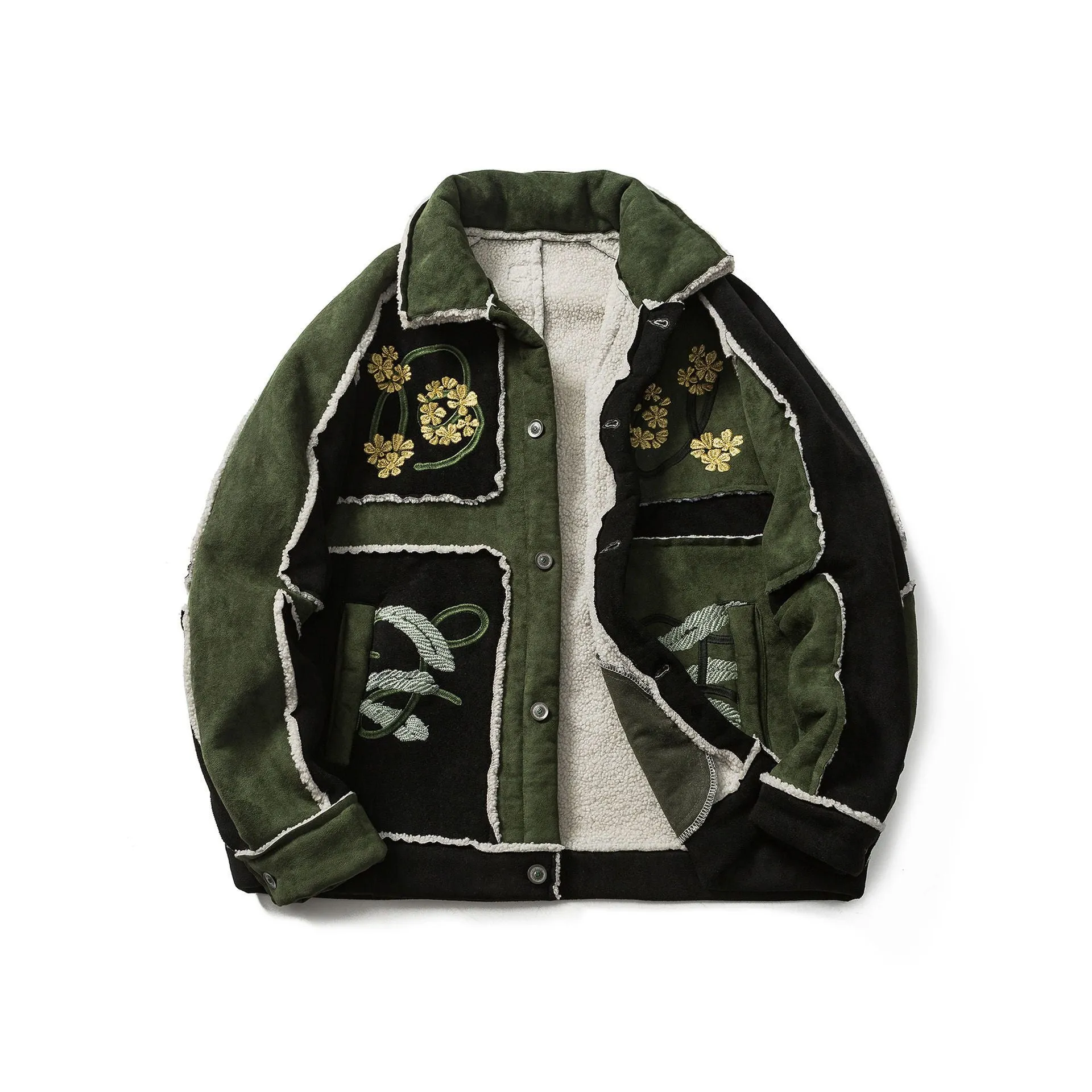 Colorblock Embroidery Suede Shearling Bomber Jacket