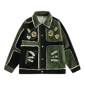 Colorblock Embroidery Suede Shearling Bomber Jacket