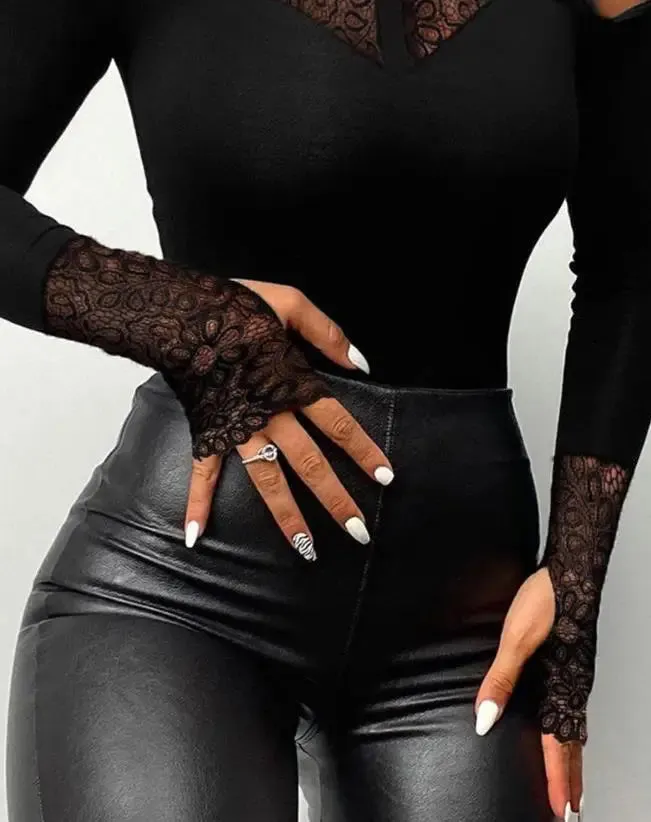 Contrast Lace Cold Shoulder Plain Long Sleeve Bodycon Jumpsuit