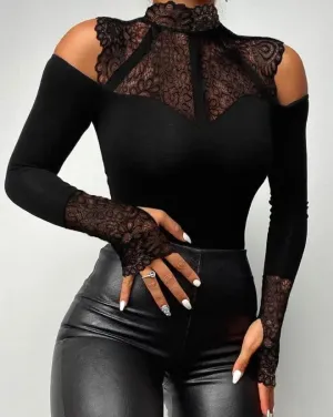 Contrast Lace Cold Shoulder Plain Long Sleeve Bodycon Jumpsuit