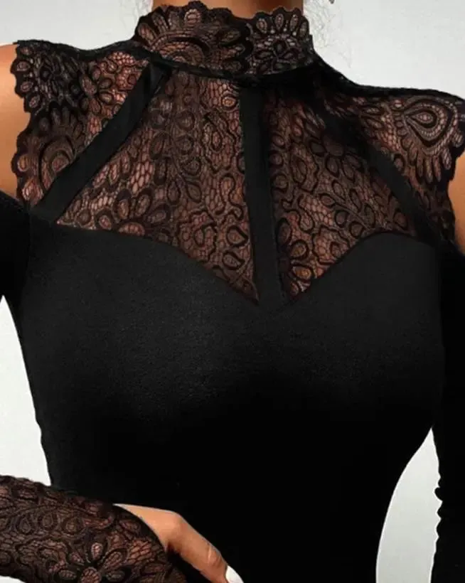 Contrast Lace Cold Shoulder Plain Long Sleeve Bodycon Jumpsuit