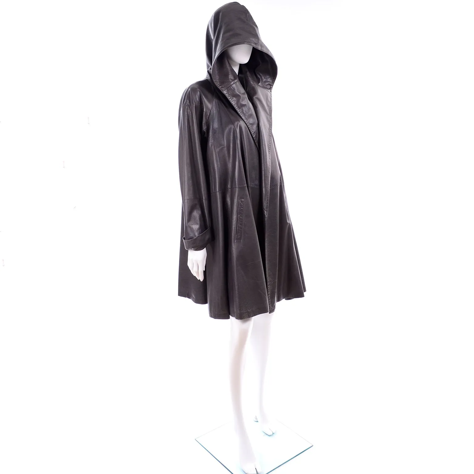 Donna Karan Hooded Gray Leather Swing Coat