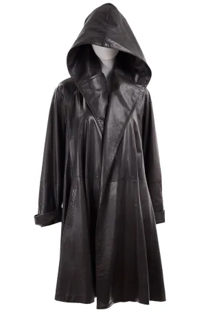 Donna Karan Hooded Gray Leather Swing Coat