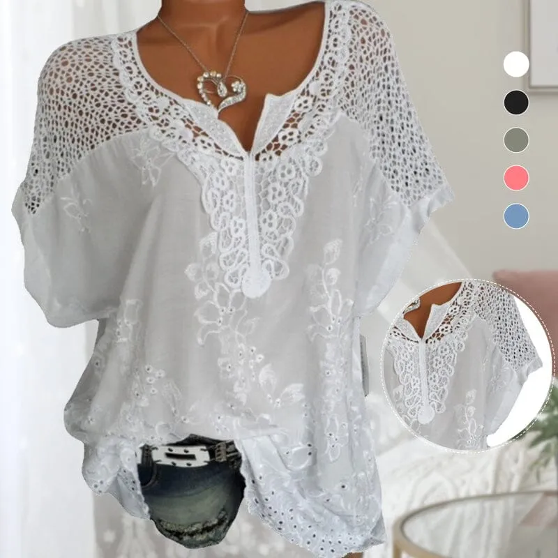 Embroidered Batwing Short Sleeve Shirt