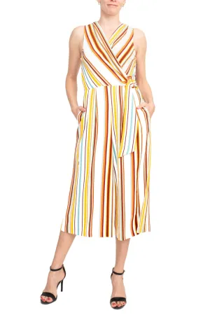 Emma & Michele V-Neck Zipper Back Mock Buckle Wrap Gaucho Print Crepe Jumpsuit