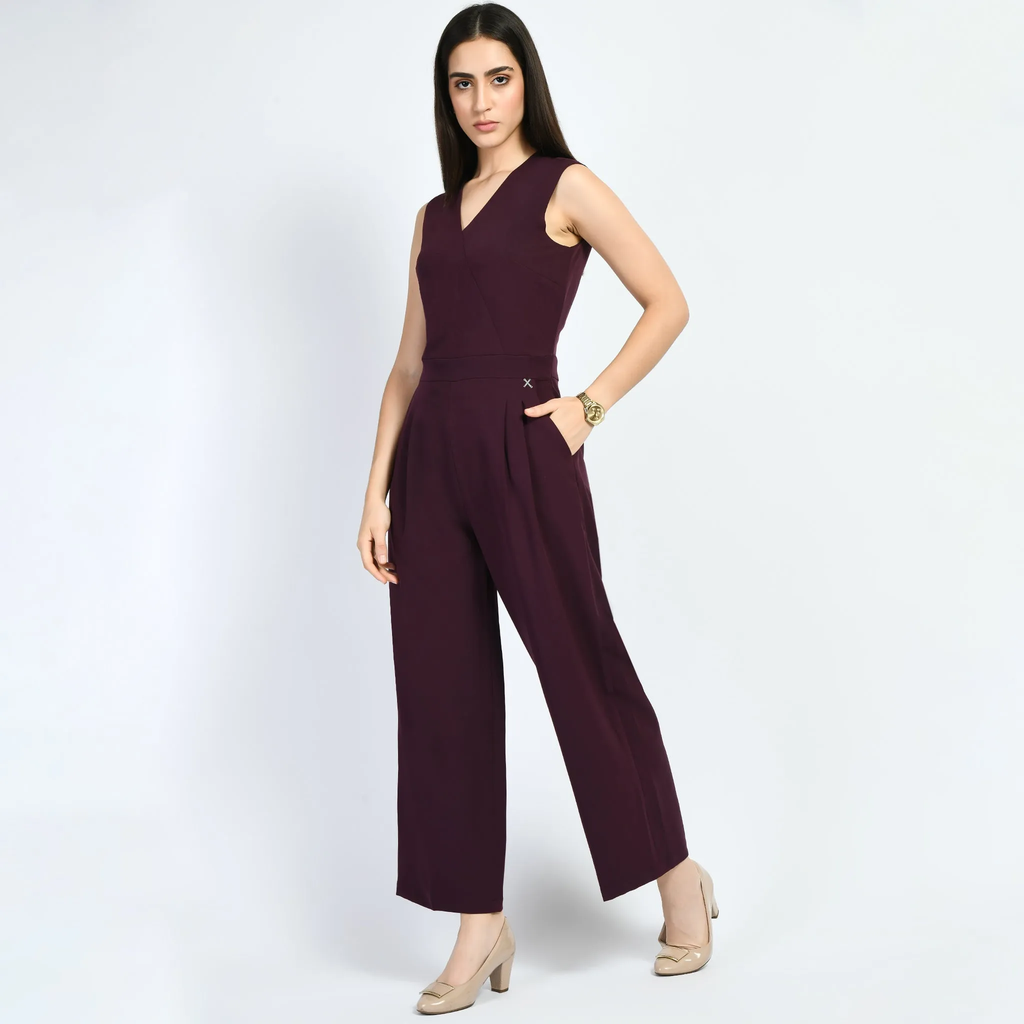 Exude Timelessness V-neck Wide-Leg Jumpsuit (Wine)