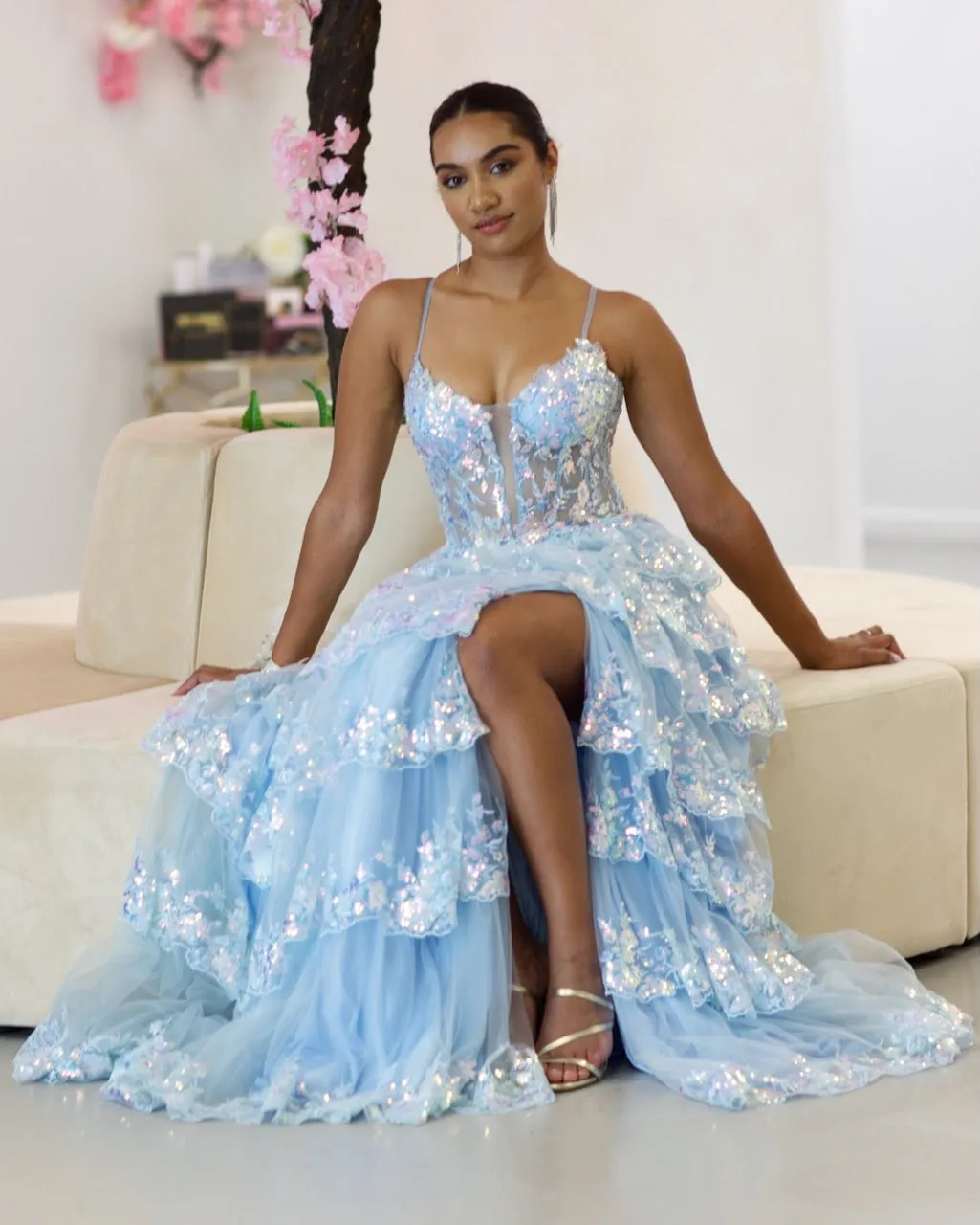 Felicia Ruffle Gown - Pale Blue