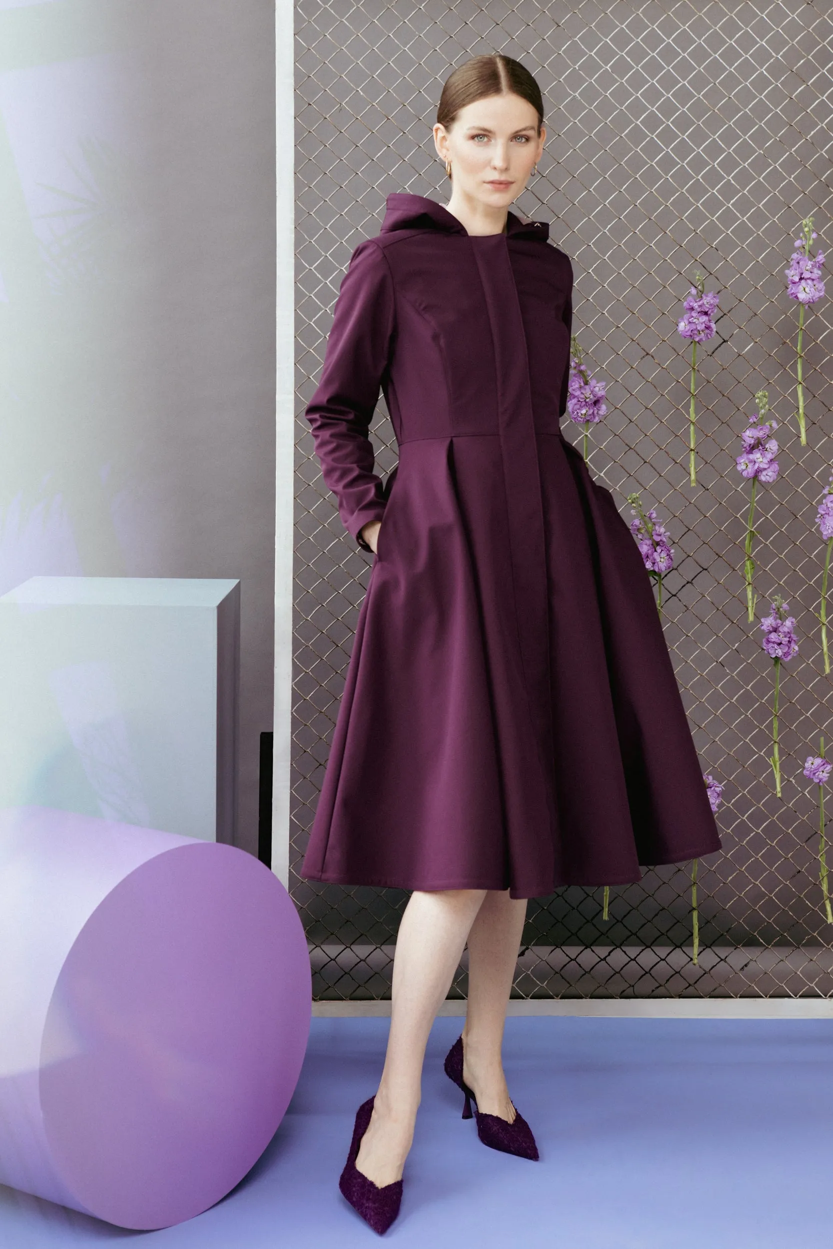 Fit and Flare Coat with Pleated Skirts in Dark Purple | 'Ruby Purple'