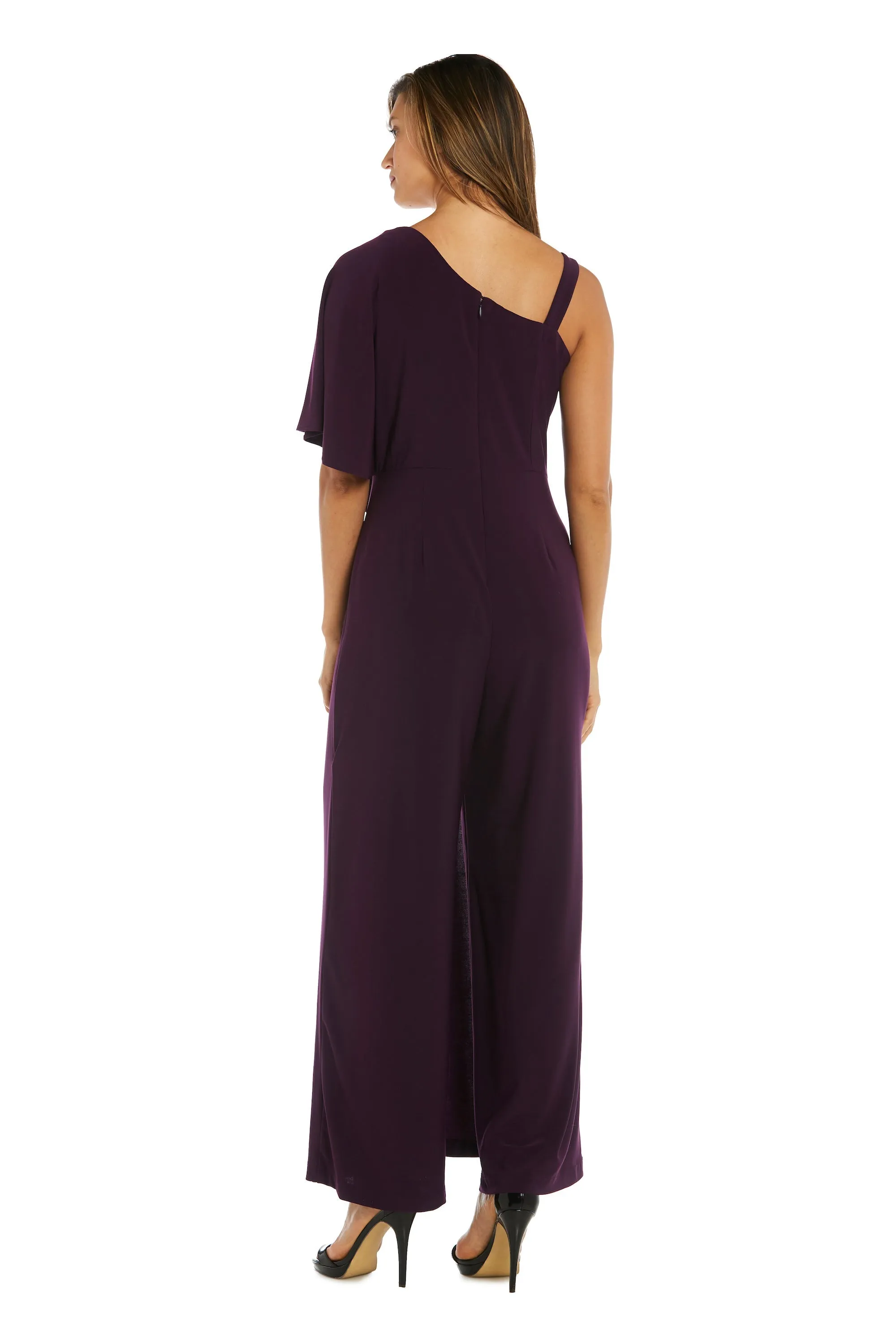 Flared Jumpsuit with Single Shoulder, Overlay, and Draped Sleeves