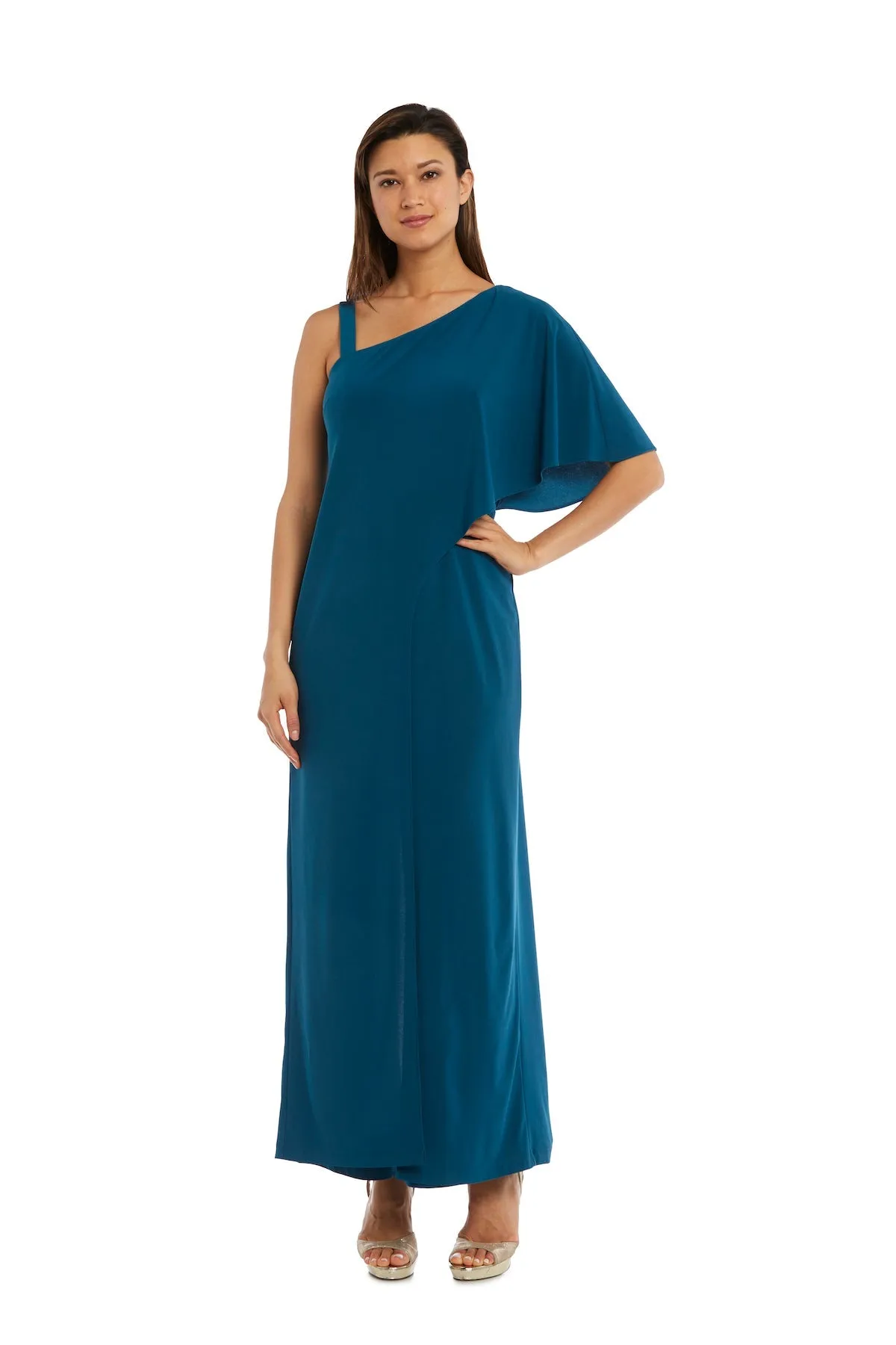 Flared Jumpsuit with Single Shoulder, Overlay, and Draped Sleeves