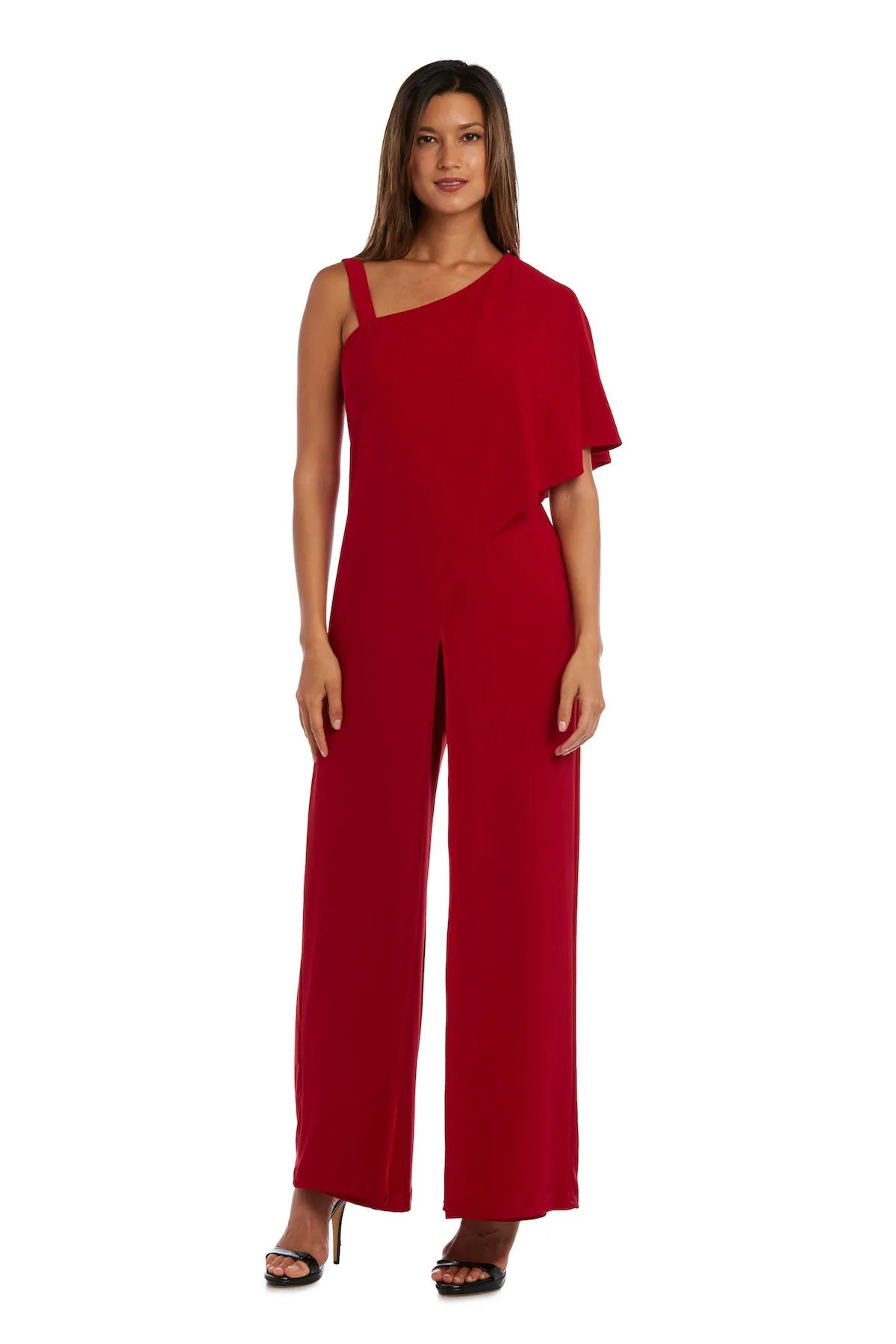 Flared Jumpsuit with Single Shoulder, Overlay, and Draped Sleeves