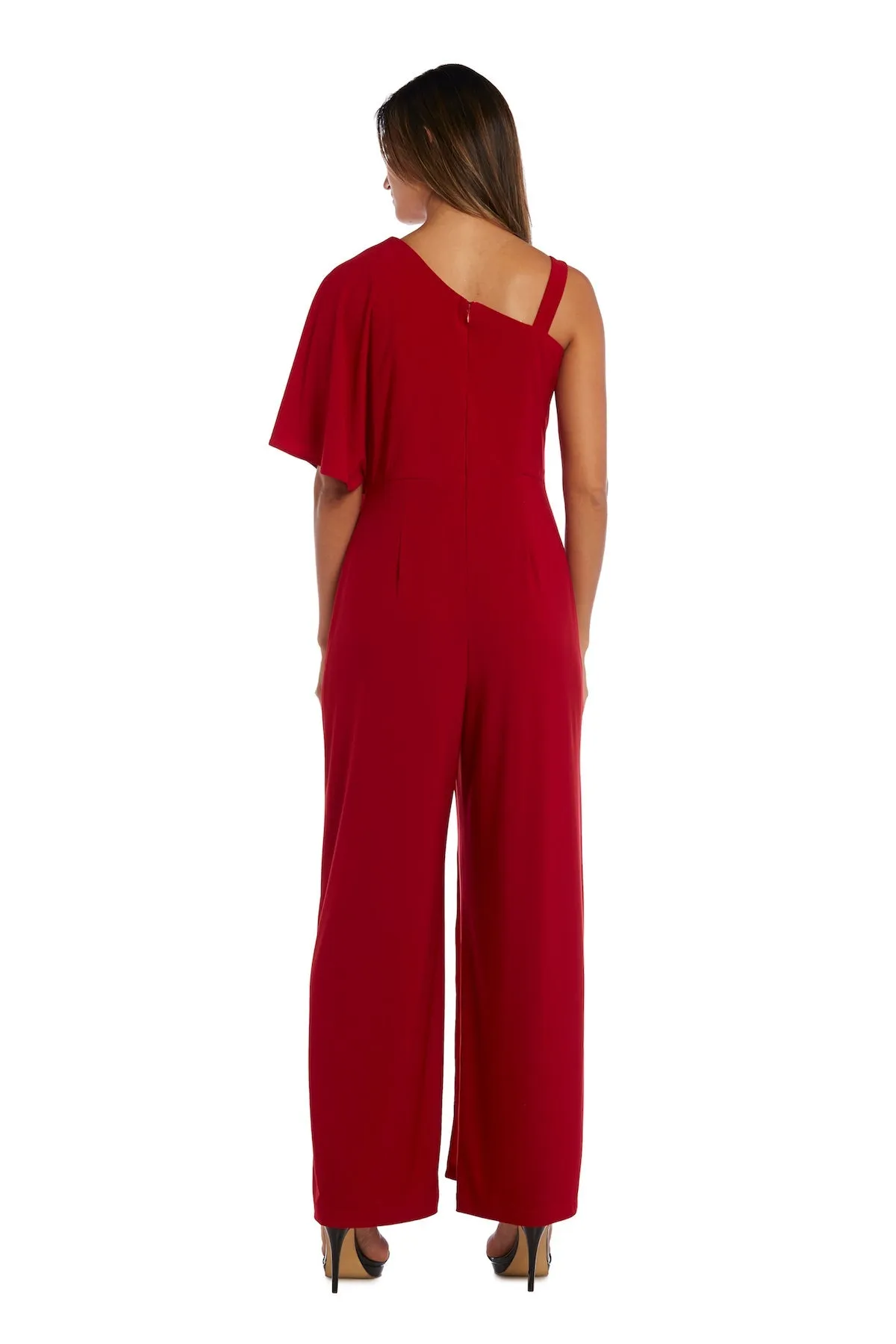 Flared Jumpsuit with Single Shoulder, Overlay, and Draped Sleeves