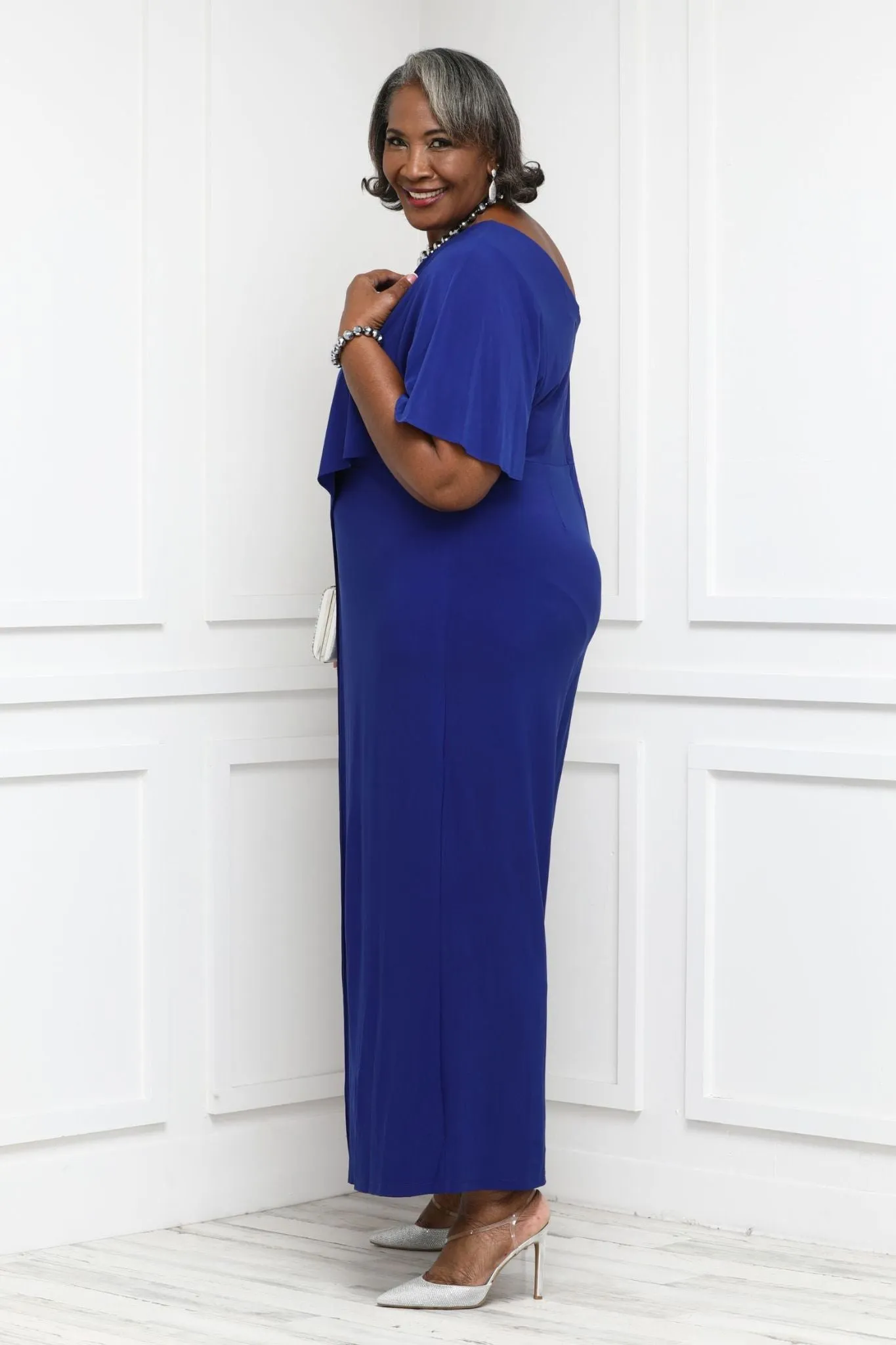 Flared Jumpsuit with Single Shoulder, Overlay, and Draped Sleeves