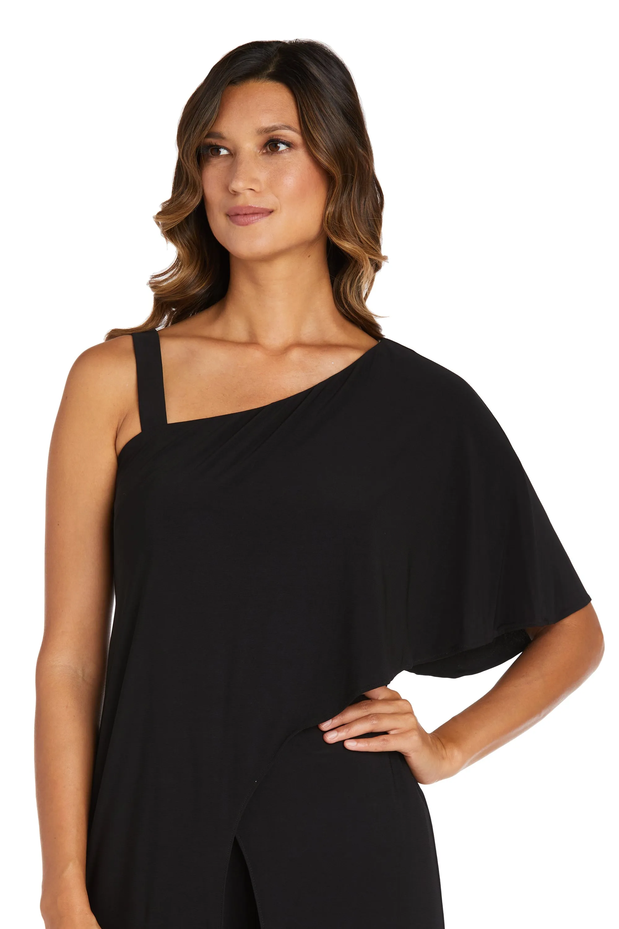 Flared Jumpsuit with Single Shoulder, Overlay, and Draped Sleeves