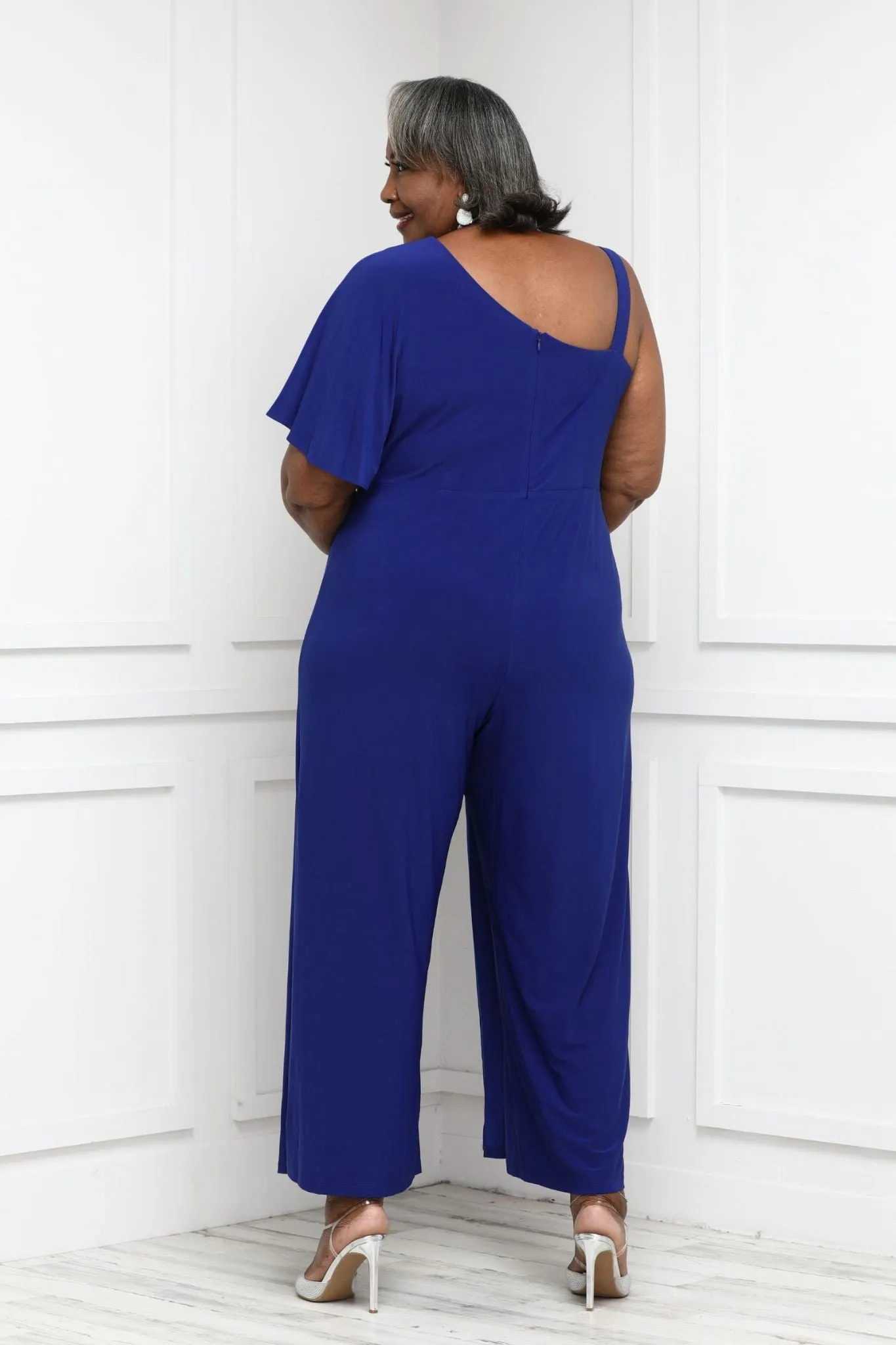 Flared Jumpsuit with Single Shoulder, Overlay, and Draped Sleeves