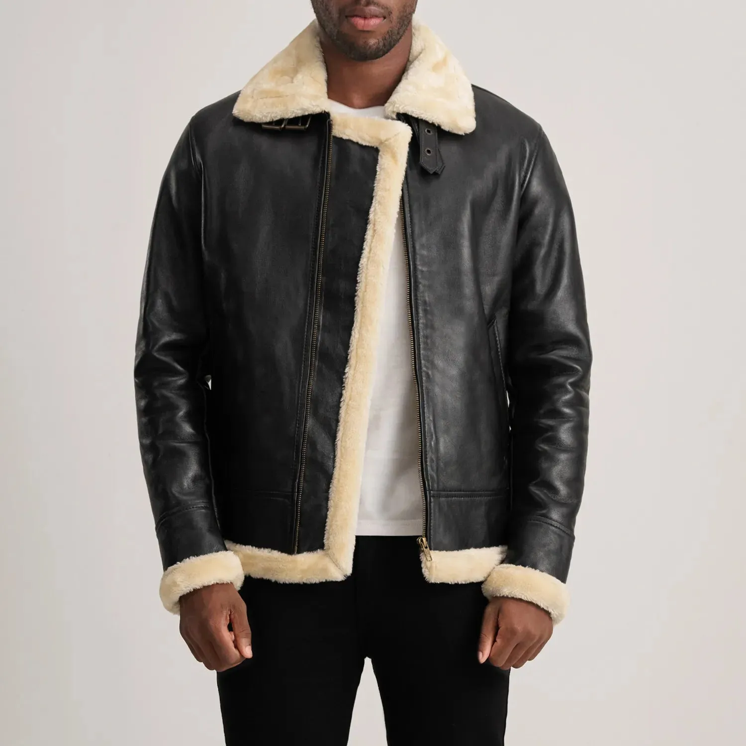 Francis B-3 Black & Cream Leather Bomber Jacket