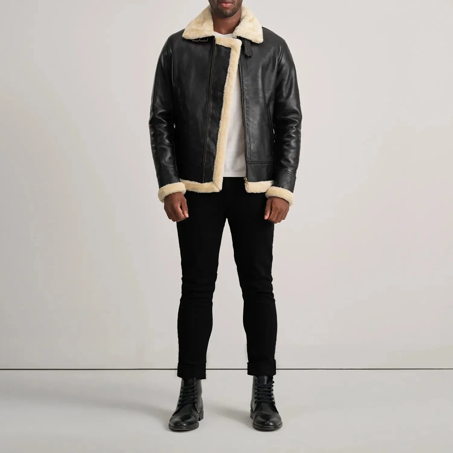 Francis B-3 Black & Cream Leather Bomber Jacket