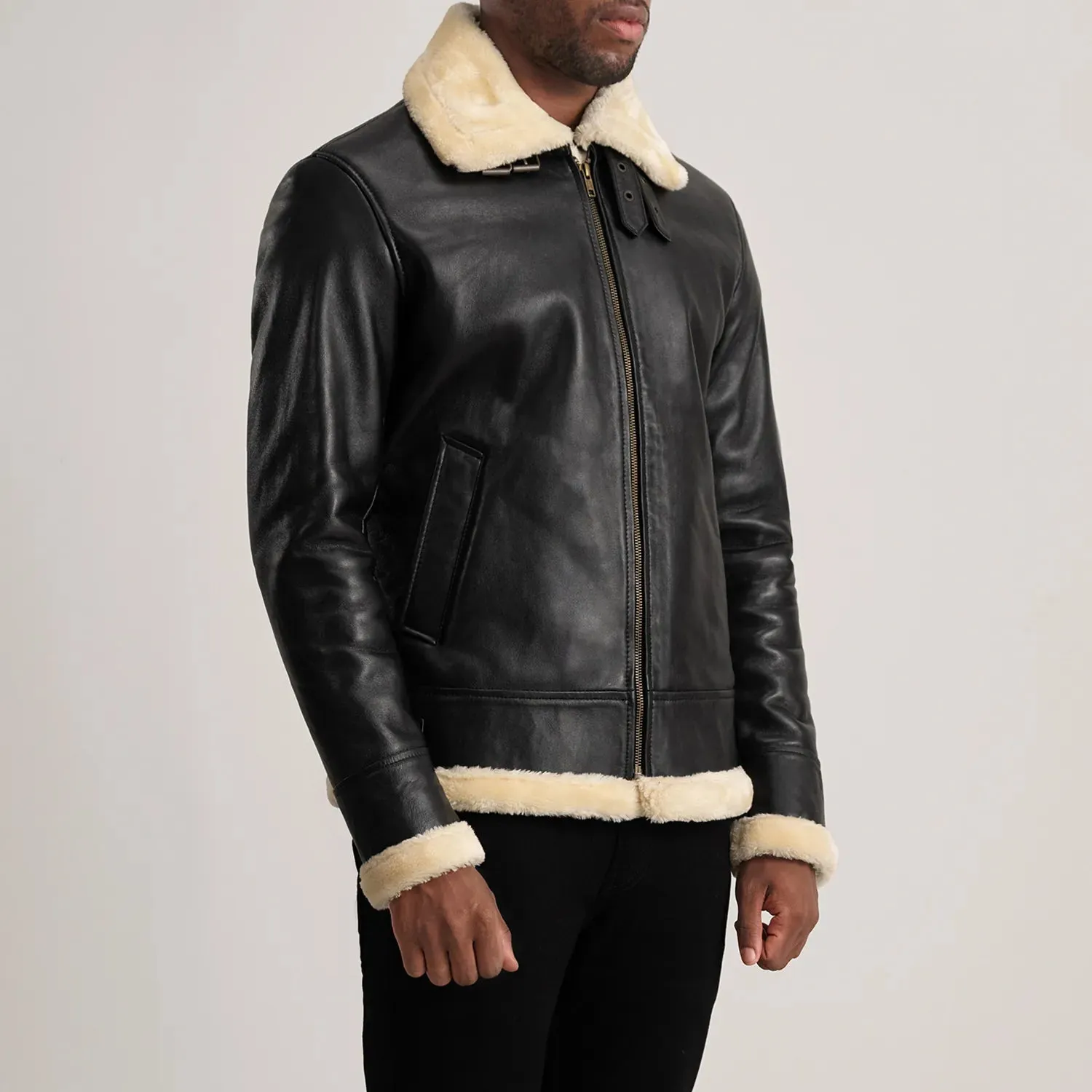 Francis B-3 Black & Cream Leather Bomber Jacket