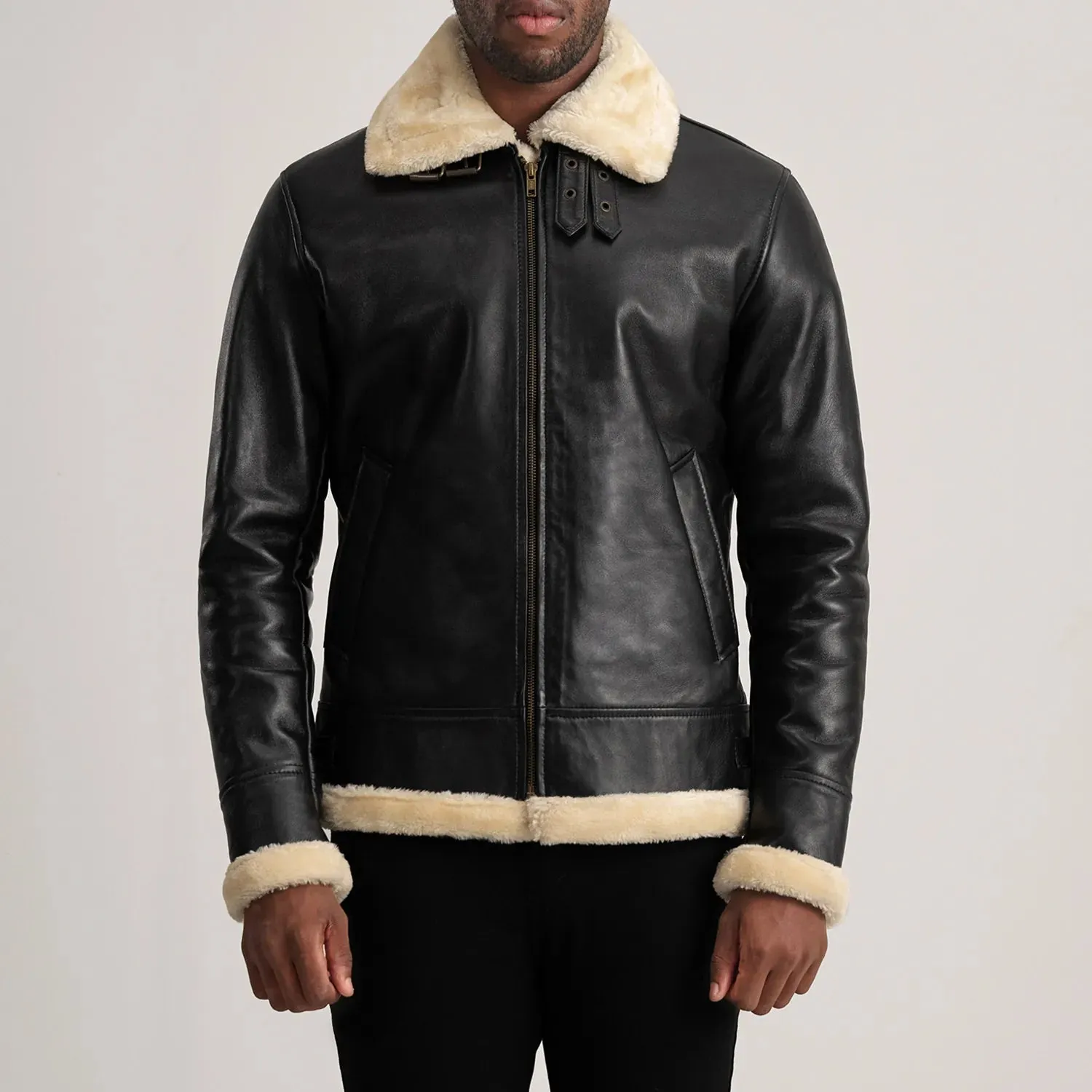 Francis B-3 Black & Cream Leather Bomber Jacket