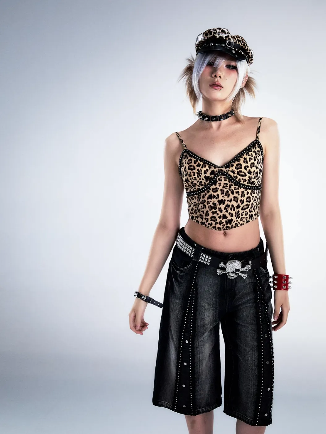 Frustration Garden Gothic Punk Denim Culottes - Black Faded Wide-Leg Capris with Studded Details