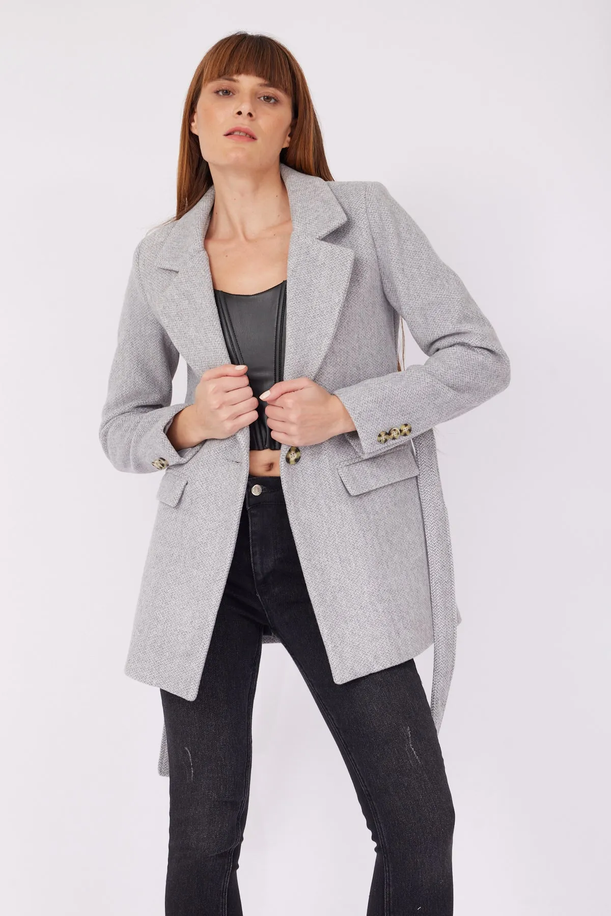 GRAY SHORT BELT COAT