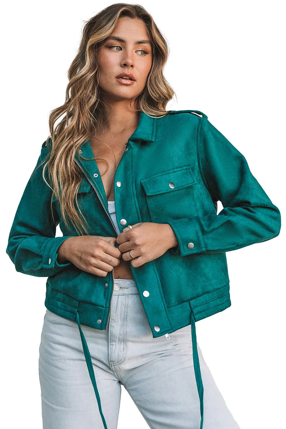 Green Faux Suede Button Down Cropped Jacket